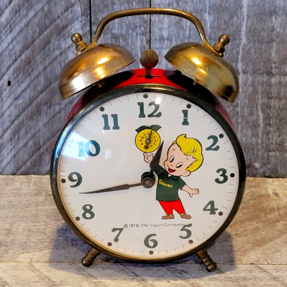 Vintage '78 SQUIRT SODA POP Wind Up Lux Time Alarm Clock  Squirt Boy With Bottle